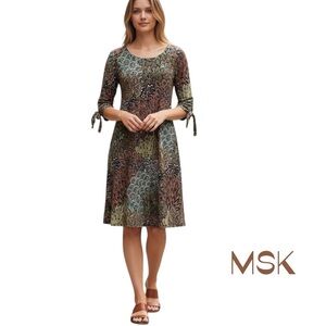 MSK Brown Teal Peacock Print Dress Size M